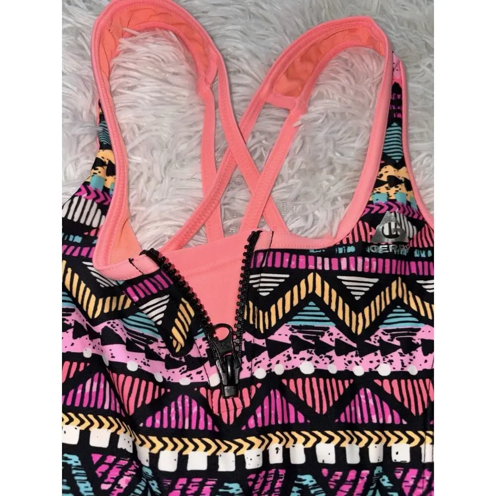 Gerry Girls 10/12 One Pc. Black “zipper” Design Vibrant Swimsuit. Cute, Nt. Desc